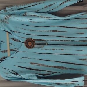 Tryst Blue Tie-Dye Embellished V-Neck Top XL